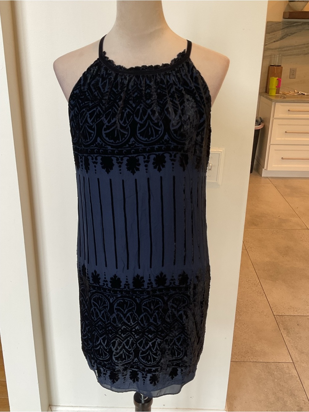 Max Studio Navy Blue Velvet Burnout Halter Shift Dress